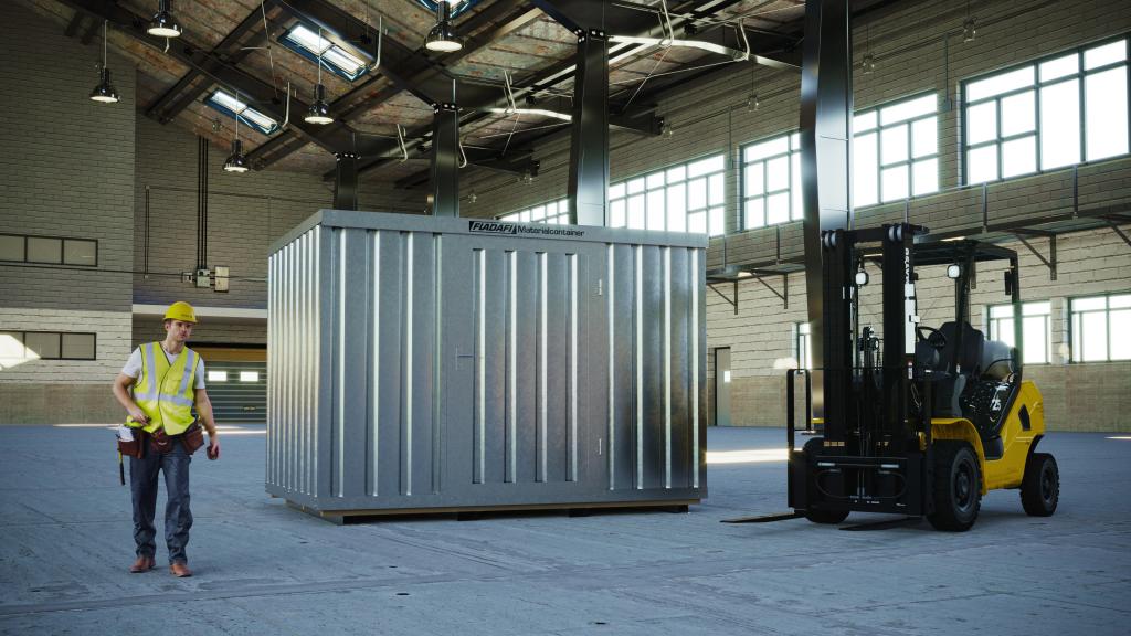Material container with forklift in the factory hall