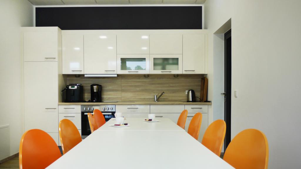 Modern kitchen with break room in the modular Evertz office building