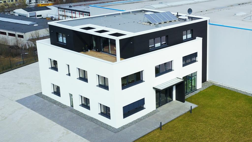Aerial view of the modular administration building of Optirent in Bergneustadt