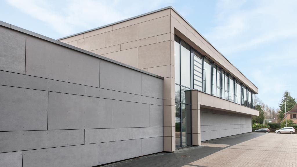 Exterior view of a modern office building in modular construction with curtain walling