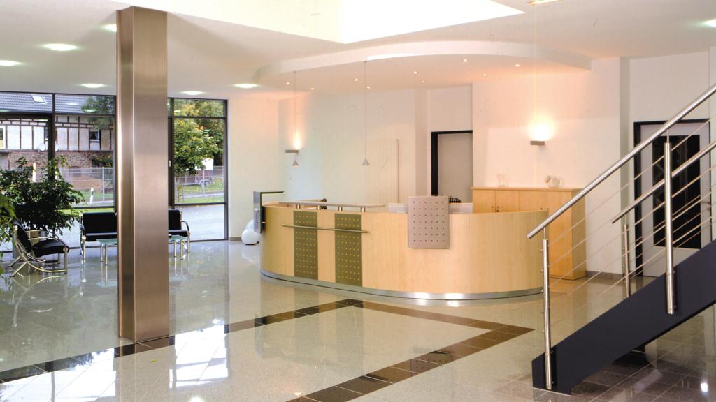 Reception area in the modular administration building of SÄBU Morsbach GmbH