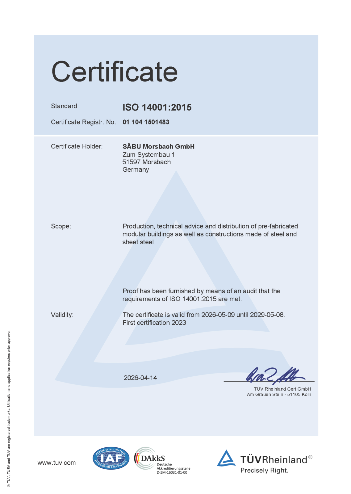 TÜV ISO 14001 Certificate Environmental Management